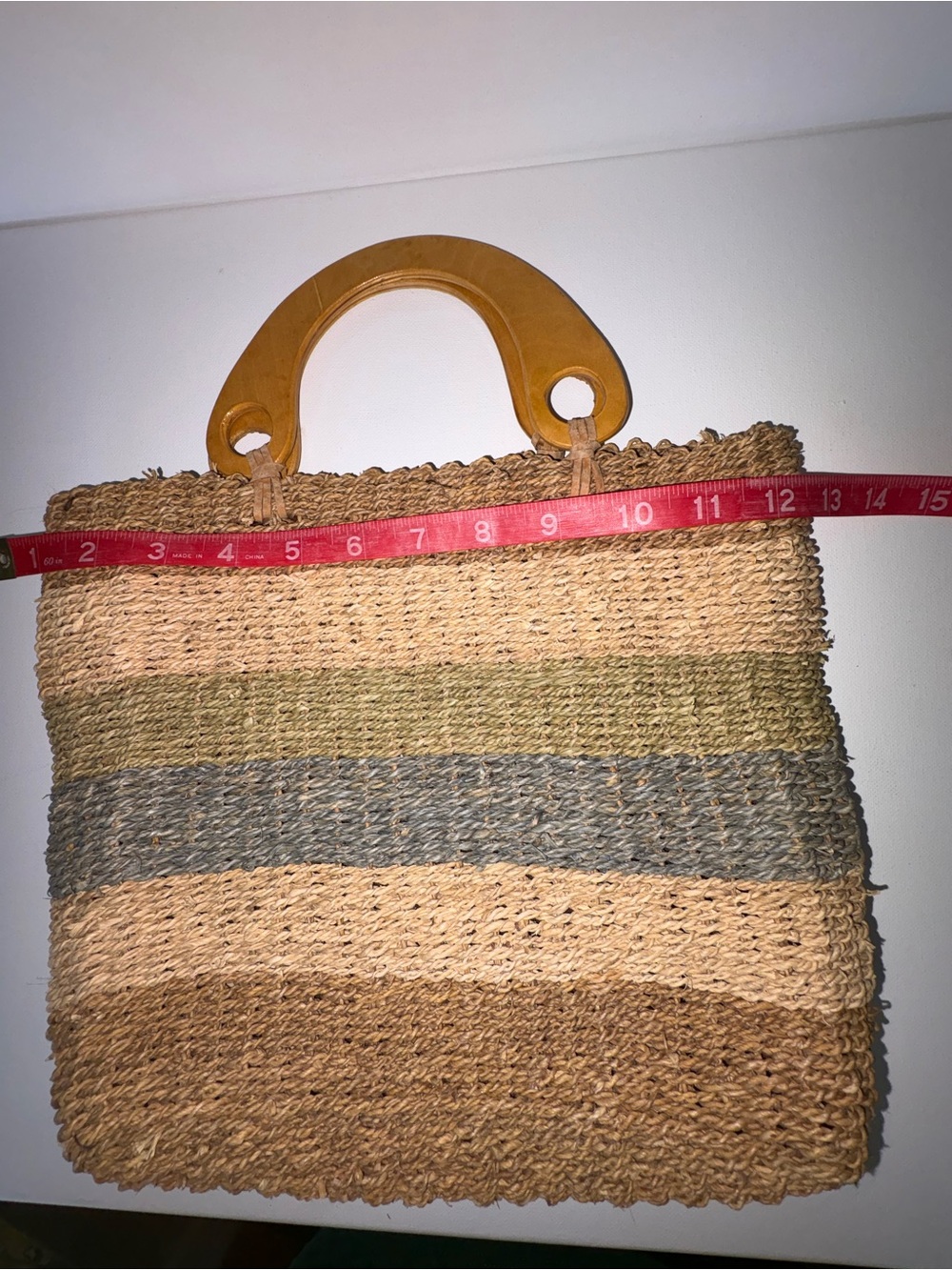 Woven Straw Tote Bag with Wood Handles - Neutral Stripes